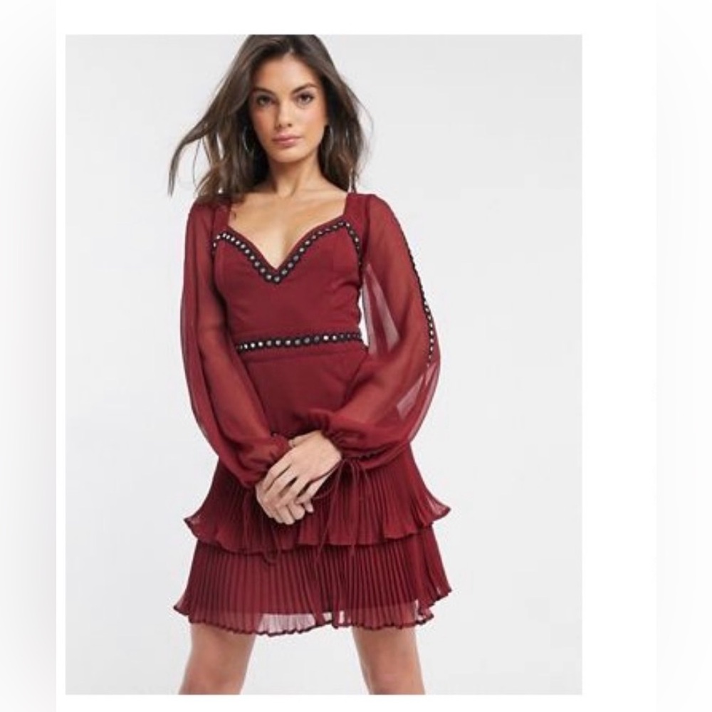 ASOS berry stud chiffon mini dress with pleated detail